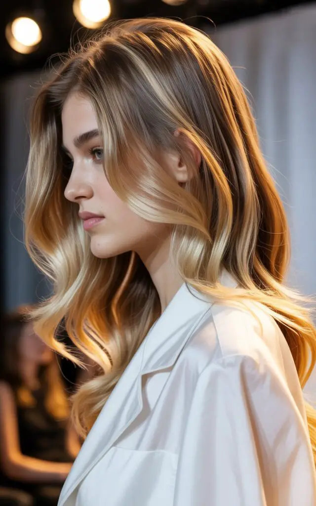 Balayage Blonde and Caramel highlights with natural gradient and dimensional blending
