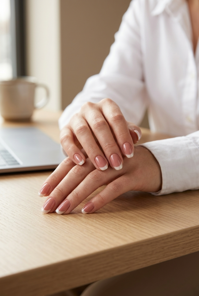 Ballet Pink (Blush) Woman in a white button-down shirt with ballet pink French manicure nails resting on an office desk with soft pearlescent cream tips