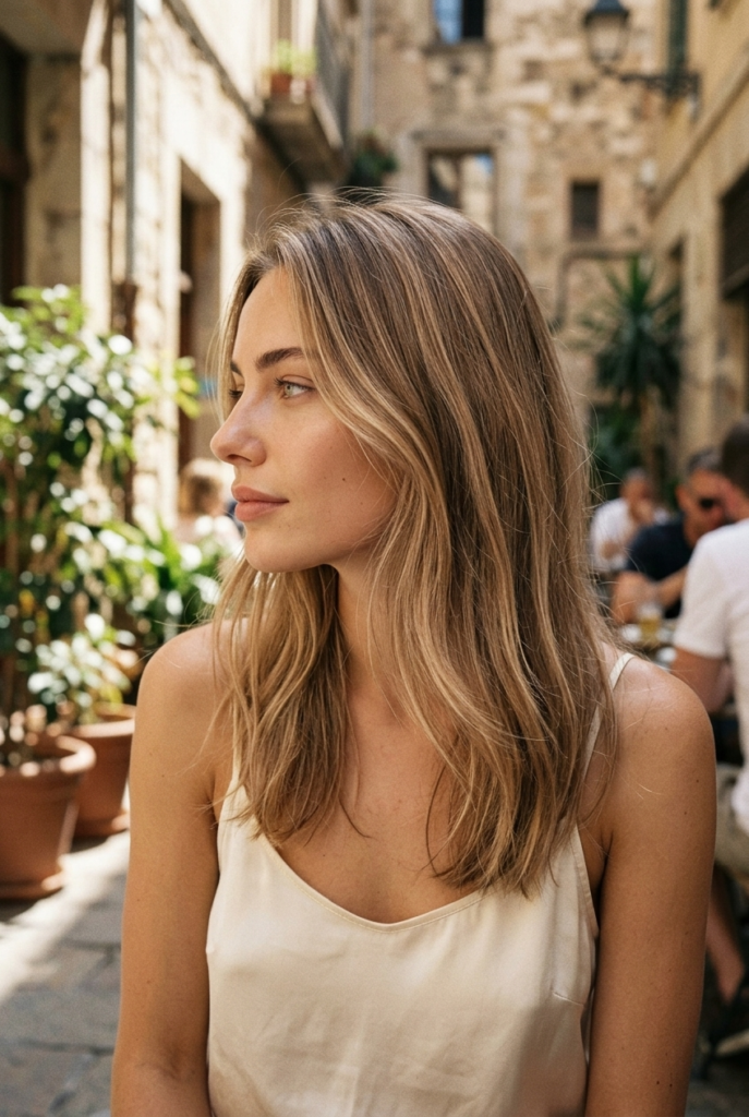 Woman with soft bambi brunette hair wearing a flowy camisole top at a sunlit café terrace