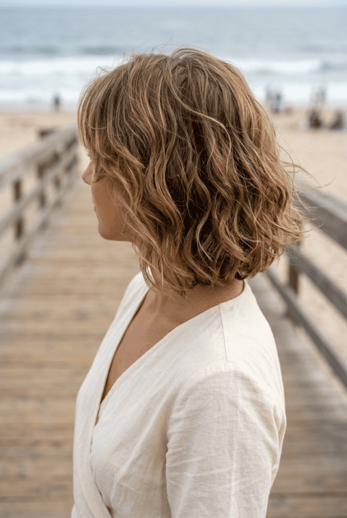 Woman with a beachy wavy bob haircut viewed from the side
