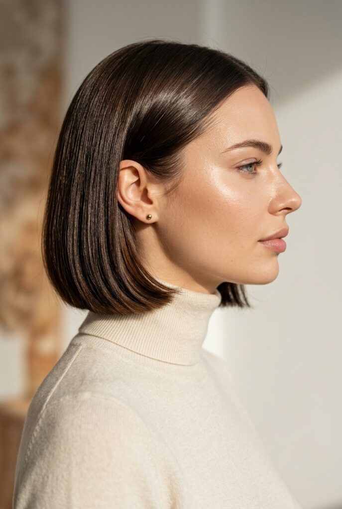 Belgian woman with a sleek old money Italian bob in dark brunette