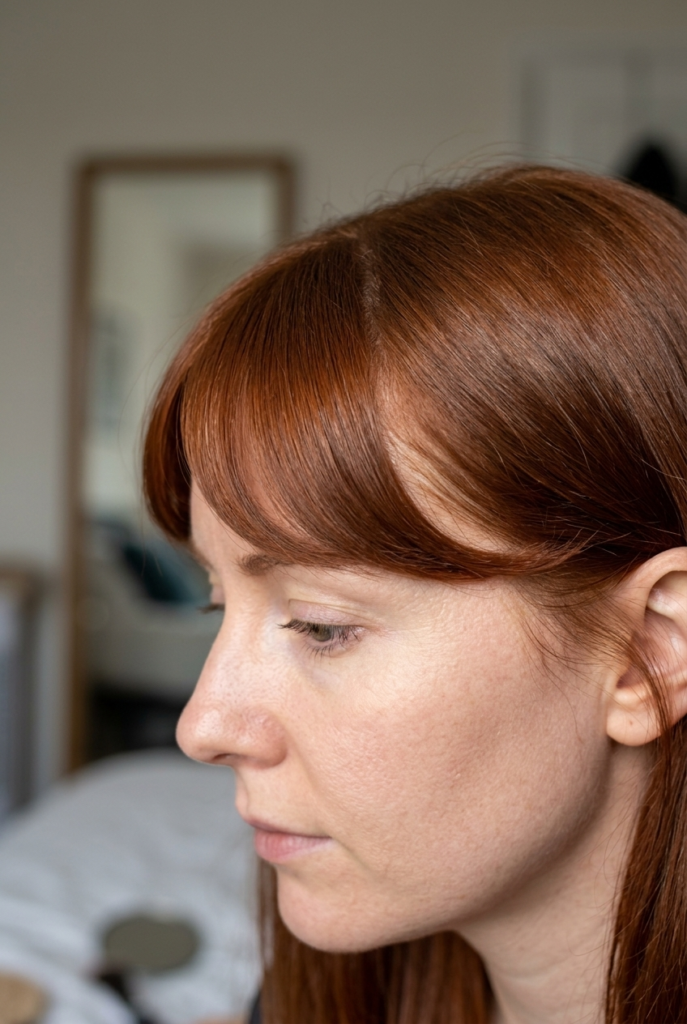 Woman with French bangs flat ironed into a soft curved bend