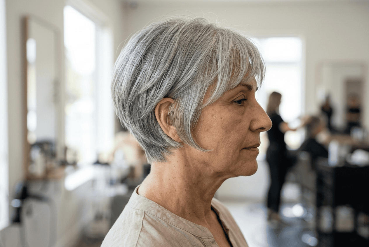 Mature woman with short textured layered haircut in a salon