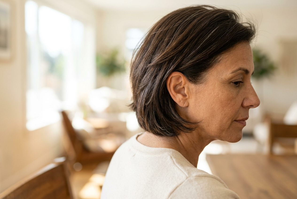 Mature woman with layered bob haircut showing volume and movement
