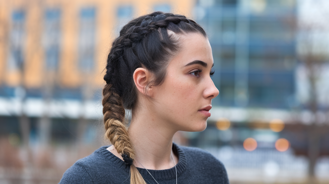 A side profile photo of a woman with a dutch braid and extension. Her hair is black and she has brown eyes. She is wearing a grey sweater and a necklace