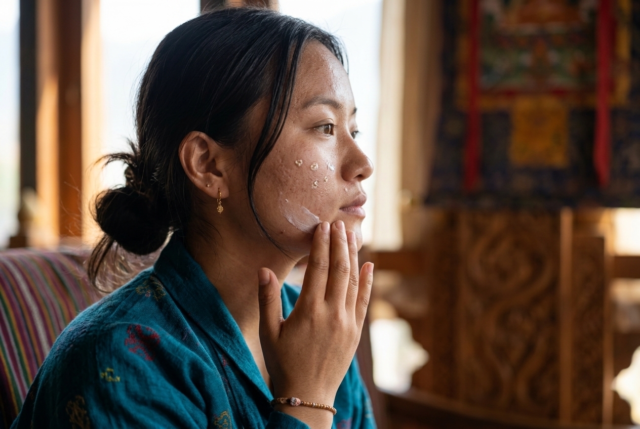Bhutanese woman applying moisturizer as part of her dry skin care routine