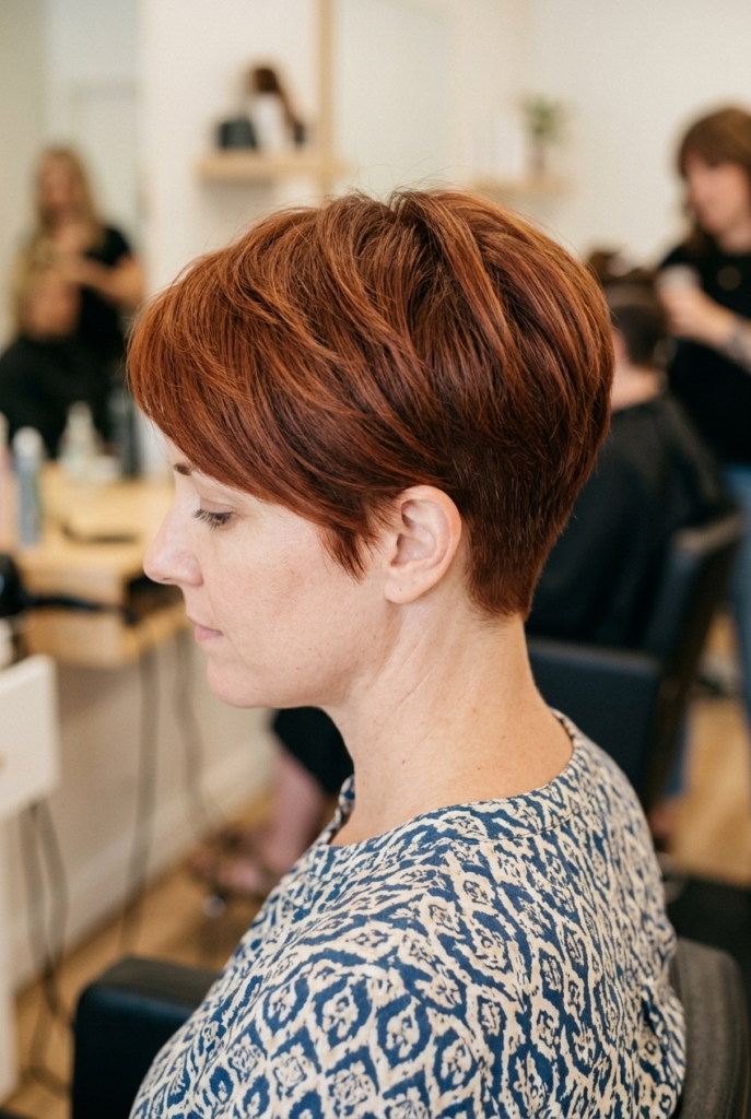 Bixie Cut Woman with bixie haircut blending bob and pixie length
