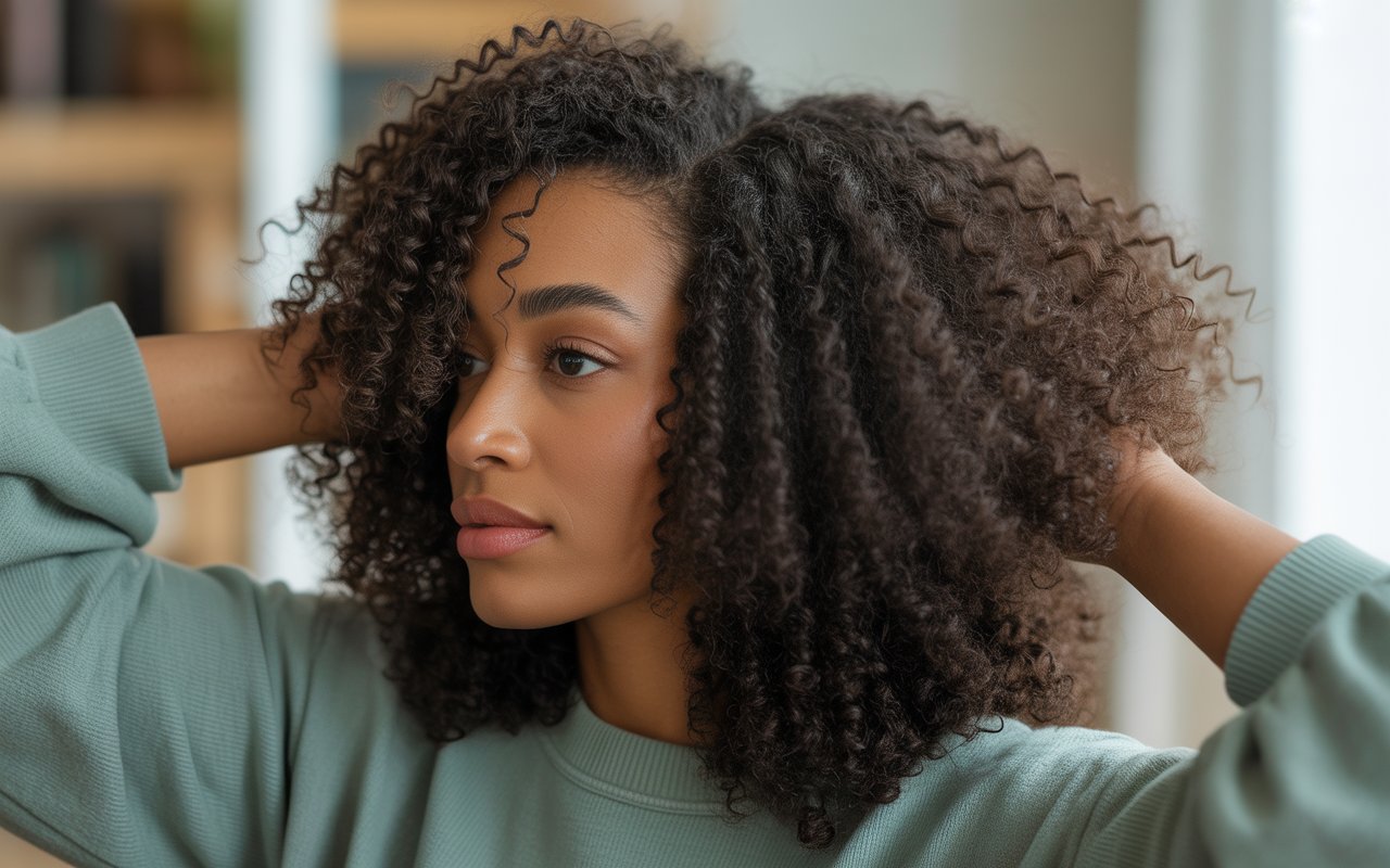 Black woman with healthy tightly coiled natural hair, moisturizing hair care routine for Type 4 Natural Black Hair