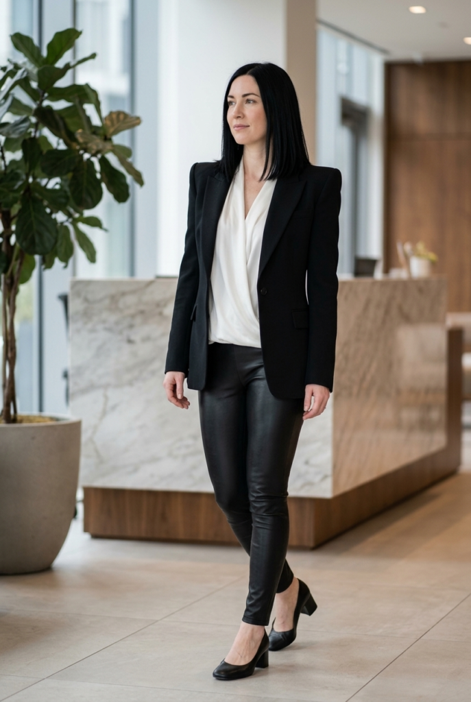 Blazer, Blouse, and Loafers Woman wearing a blazer and blouse with leather leggings and block heels