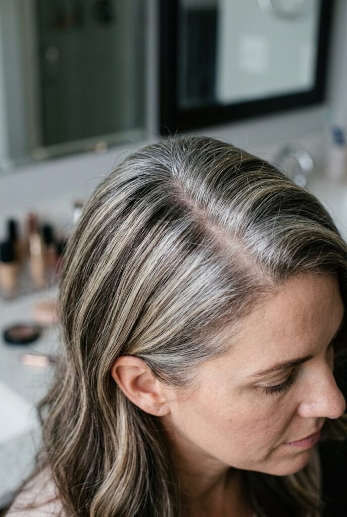 Blended gray roots melting into highlighted hair