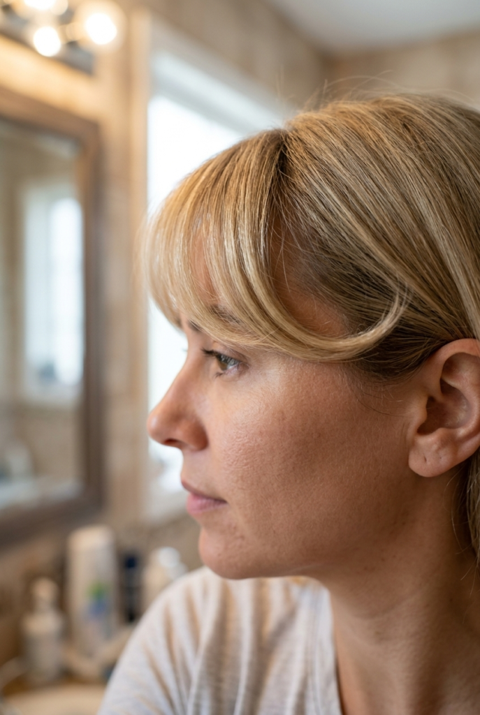 Woman with French bangs blown out into a soft curved swoop