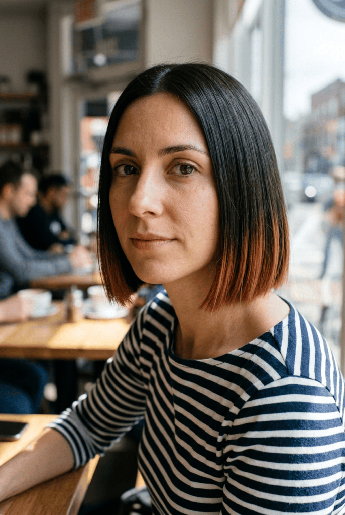 Woman with blunt bob haircut showing clean one length edge