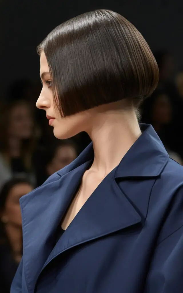 Blunt Bob haircut with straight even hemline and sharp precision cut