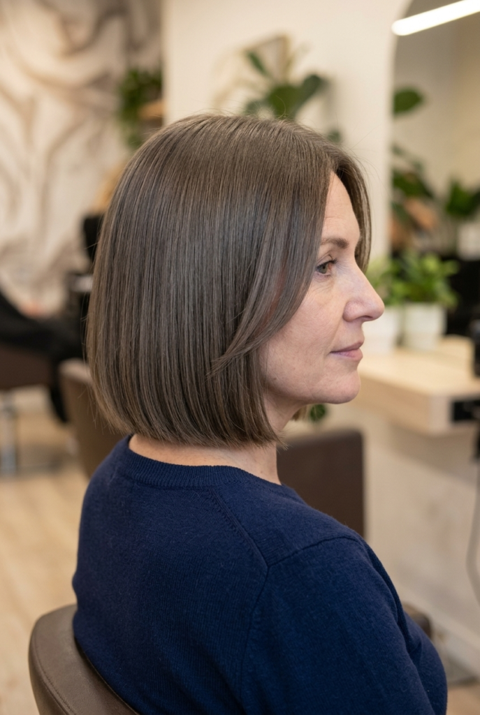 Woman with blunt bob haircut and face framing layers