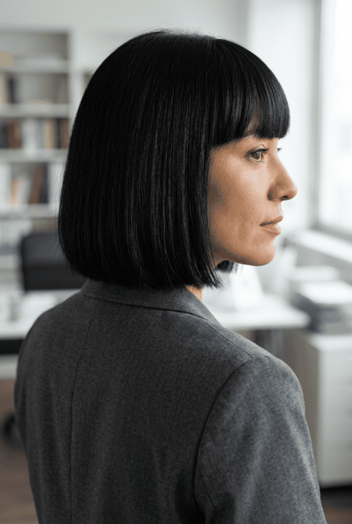 Blunt Bob with Fringe Woman with a blunt bob haircut and straight fringe