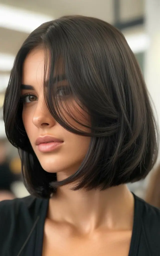 Blunt Lob haircut between chin and collarbone showing Face-Framing Layers for Volume and Thickness