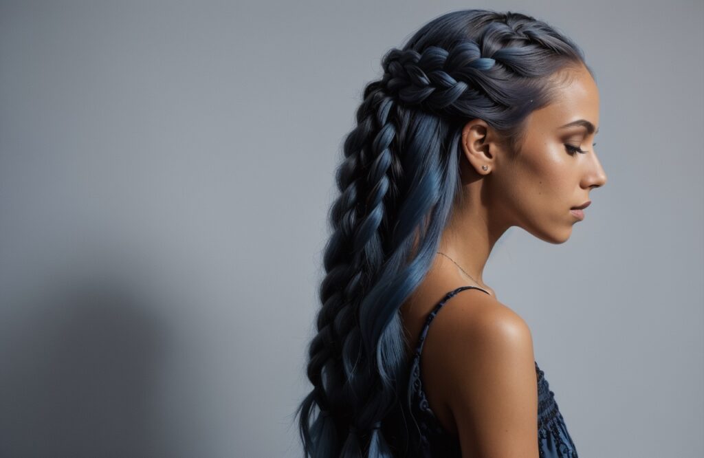 Bohemian Braids on woman's Smoky Blue hair color