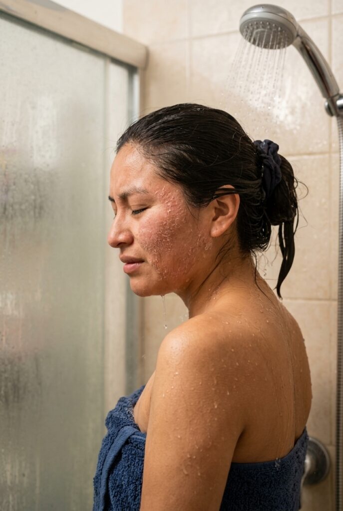 Bolivian woman taking a warm shower for dry skin care