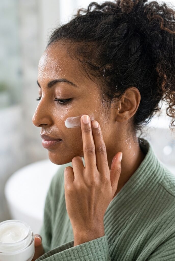 Bosnian woman applying moisturizer on damp skin after washing her face