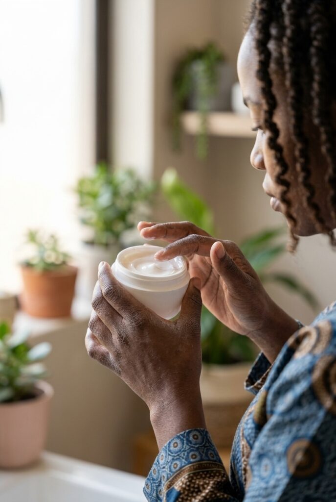 Botswanan woman holding moisturizing cream for dry skin treatment