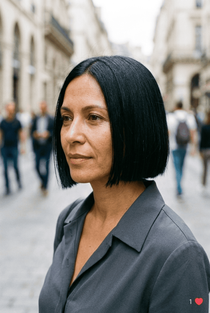 Box bob haircut with sharp blunt ends at the jawline