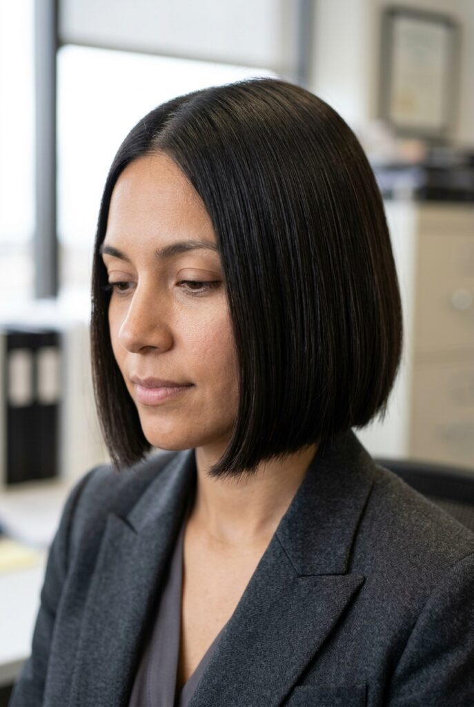 Box bob haircut with blunt geometric lines