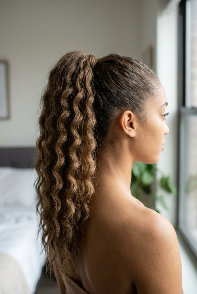Braid Damp Hair the Night Before Woman with a ponytail showing braid wave texture down its length