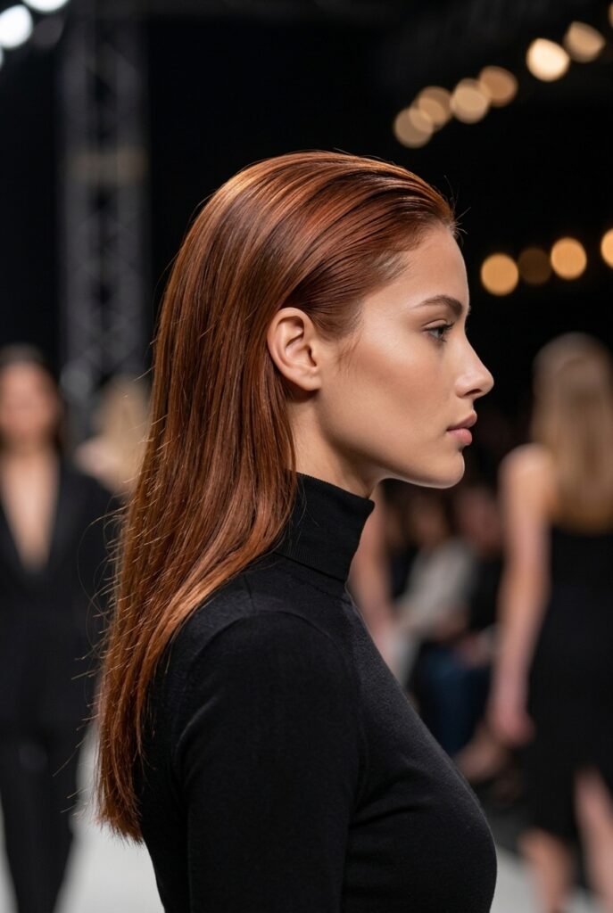Brazilian fashion parade female model with warm medium auburn copper-brown hair dye
