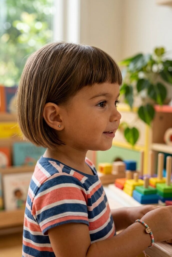 Brazilian toddler girl, closeup to her French bob haircut with short fringe