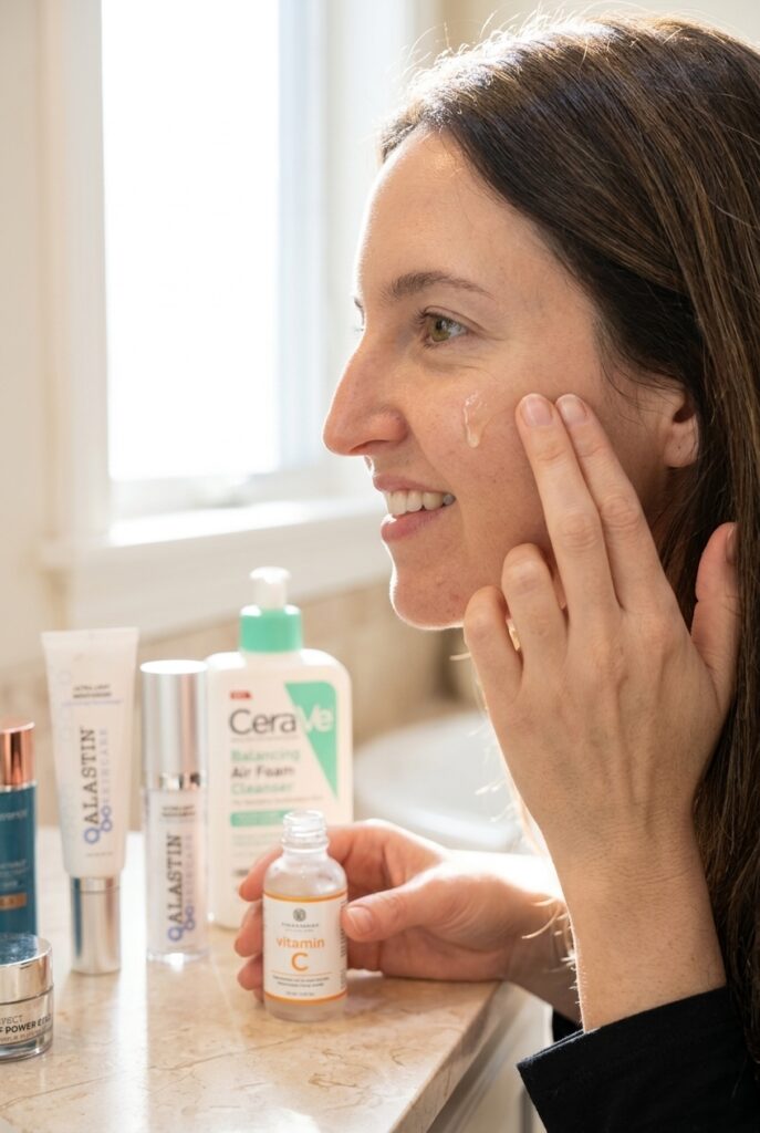 Brazilian woman in her 30s applying vitamin C serum to her face in the morning