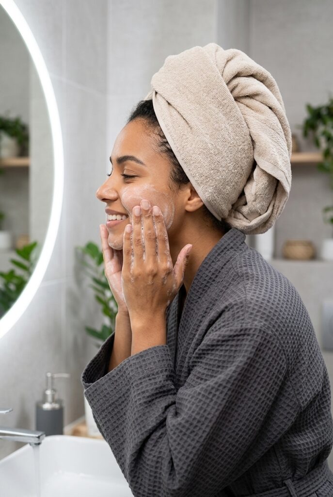 Brazilian woman washing face with fragrance-free cleanser for dry skin