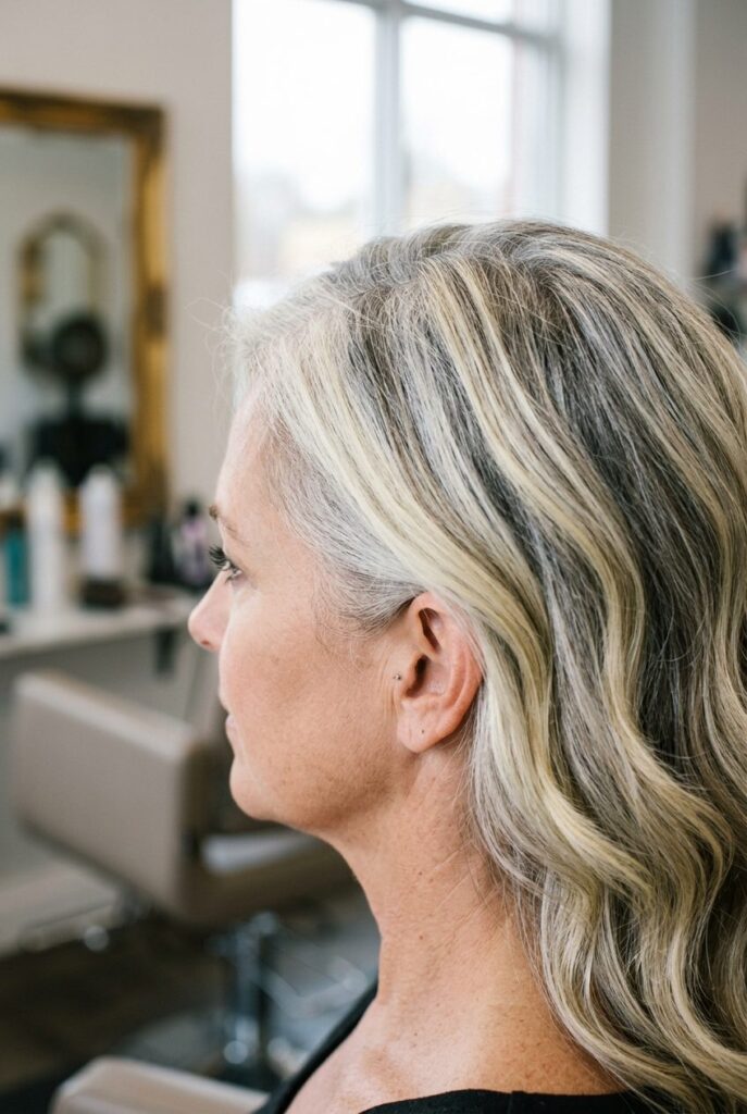 Bright foiled blonde blending with patchy gray hair