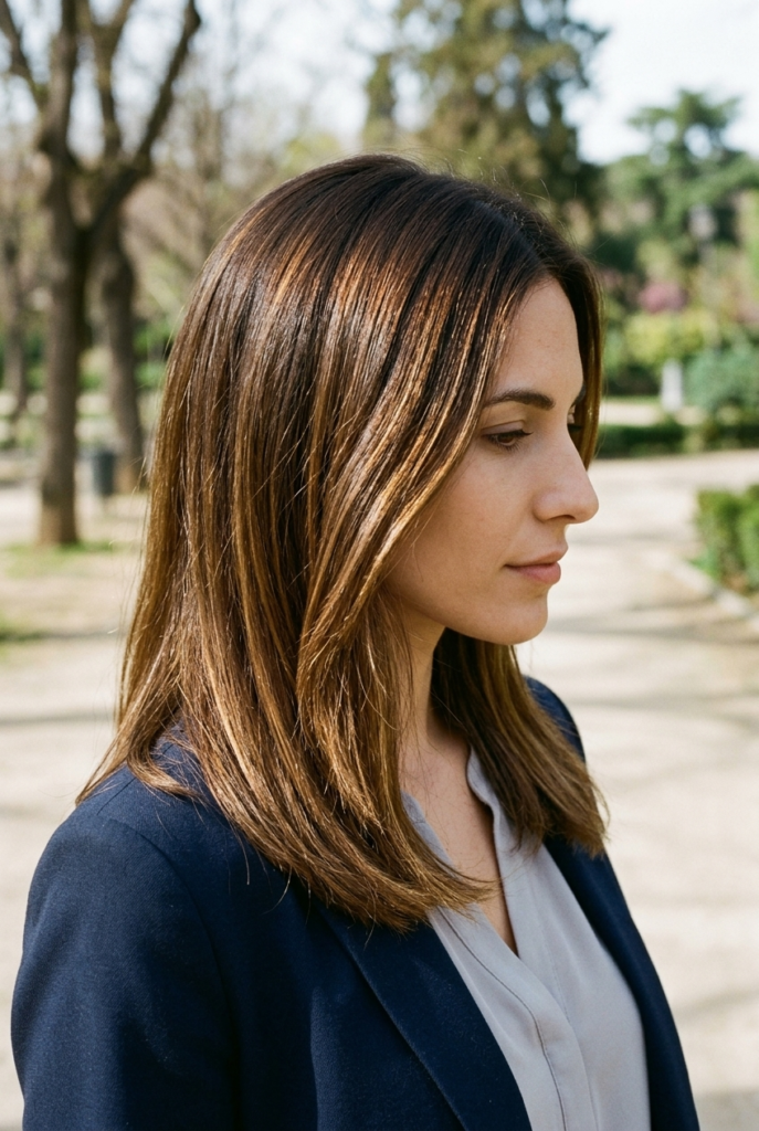 Woman with brown sugar brunette hair wearing a linen button-up shirt on a street