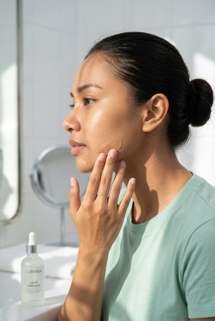 Bruneian woman gently exfoliating dry skin with a mild facial product
