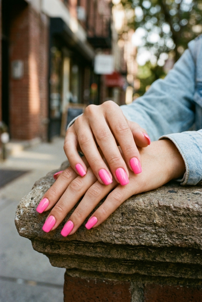 Bubblegum Pink Woman in a denim jacket with vivid bubblegum pink high gloss nails resting on a stone ledge on a city street in natural daylight