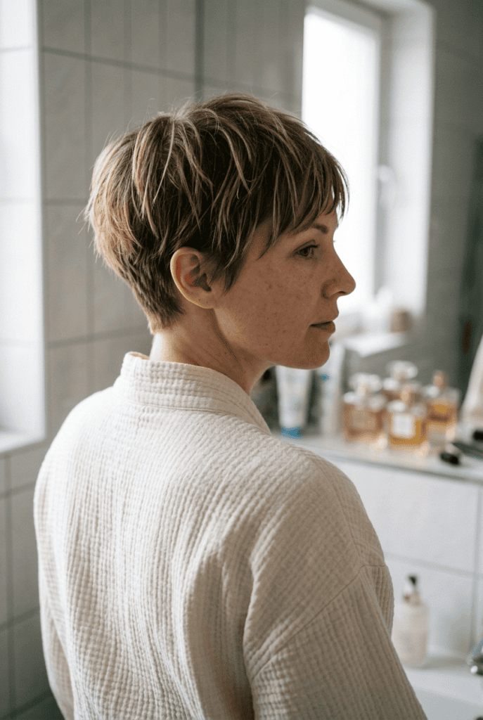 Building Your Product Toolkit Woman with matte textured French pixie showing piecey separated styling at home