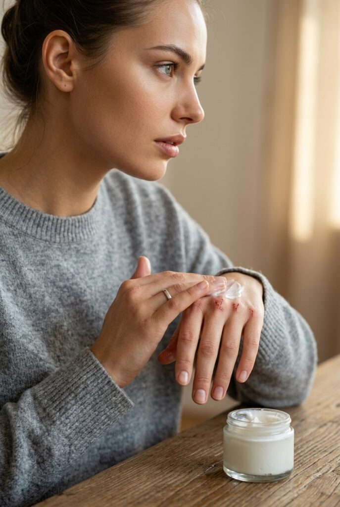 Bulgarian woman applying hand cream on dry cracked skin