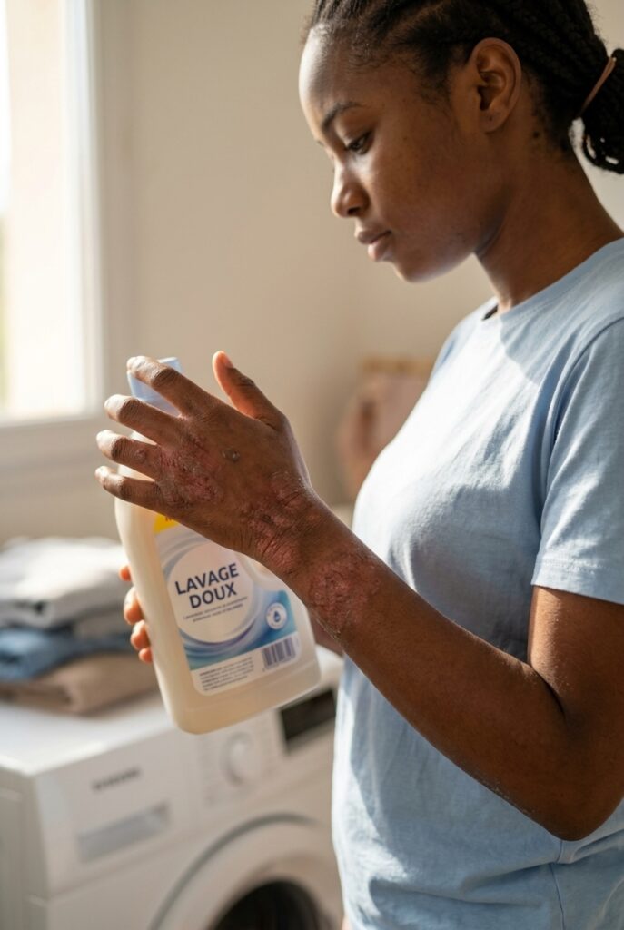 Burkinabe woman with dry irritated skin holding fragrance-free laundry detergent