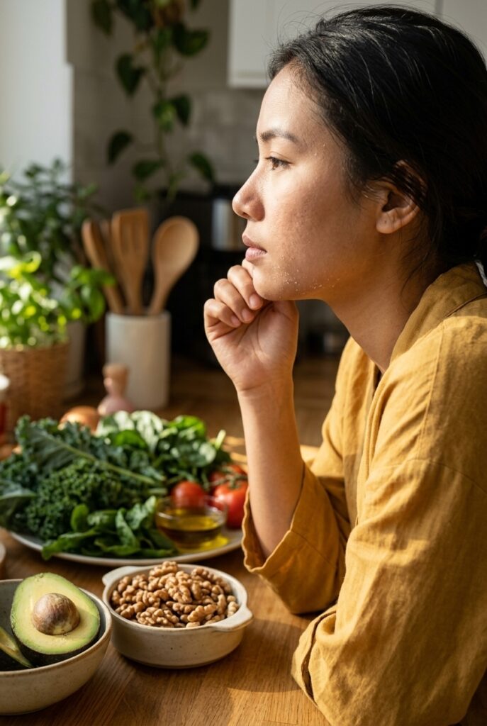 Burmese woman with dry skin beside healthy omega-3 rich foods for skin hydration