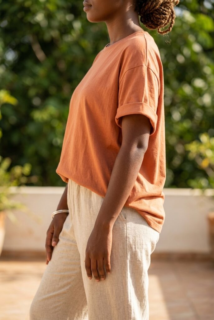 Burundian woman wearing loose soft cotton clothing for dry sensitive skin comfort