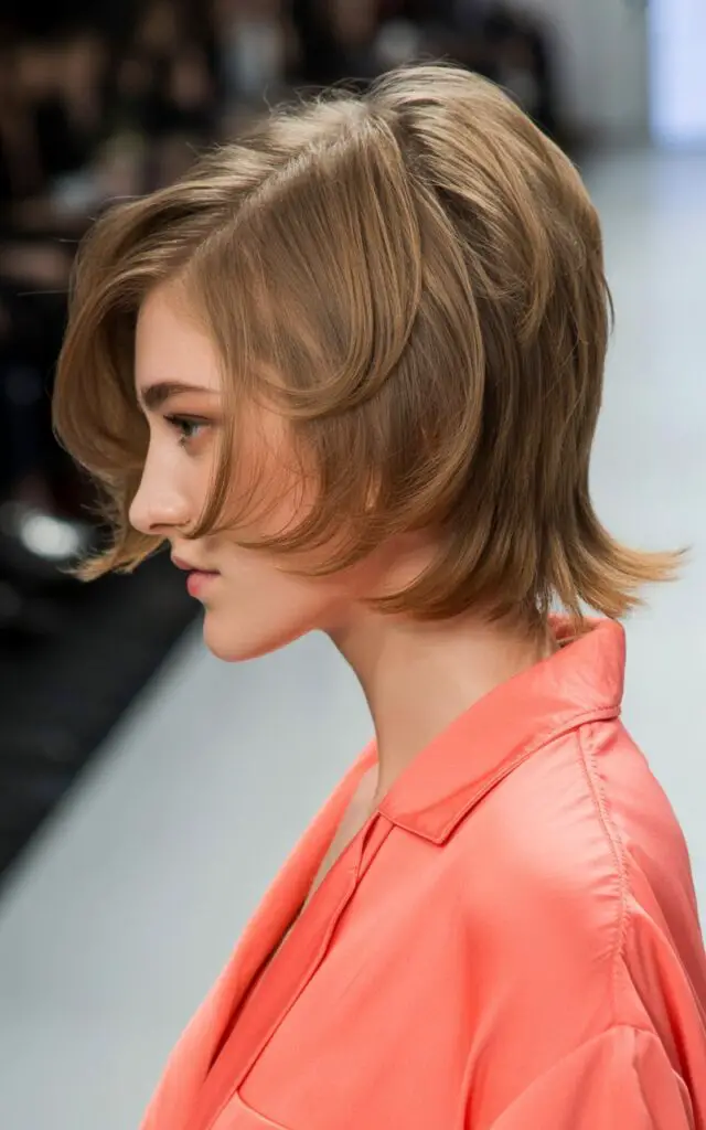 Butterfly Cut with face-framing cascading layers that create movement and soften features to look younger, casual outfit with coral color