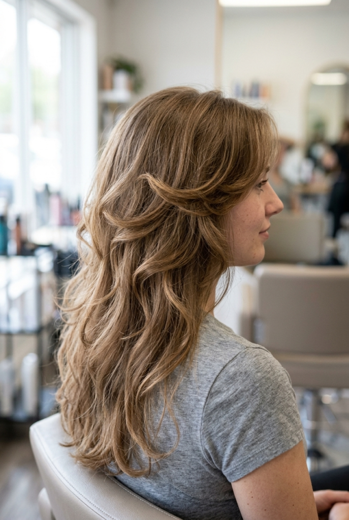 Woman with butterfly layers showing volume at the crown