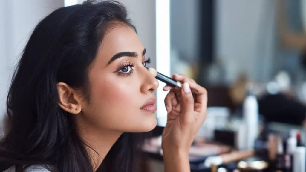 Bangladeshi woman applying concealer Makeup