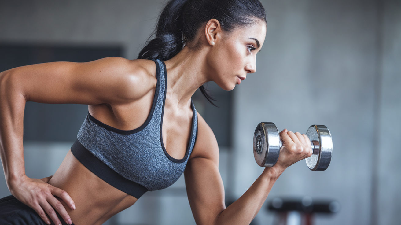 woman with black hair, wearing a grey sports bra and black workout pants. She is doing a tricep extension with a dumbbell