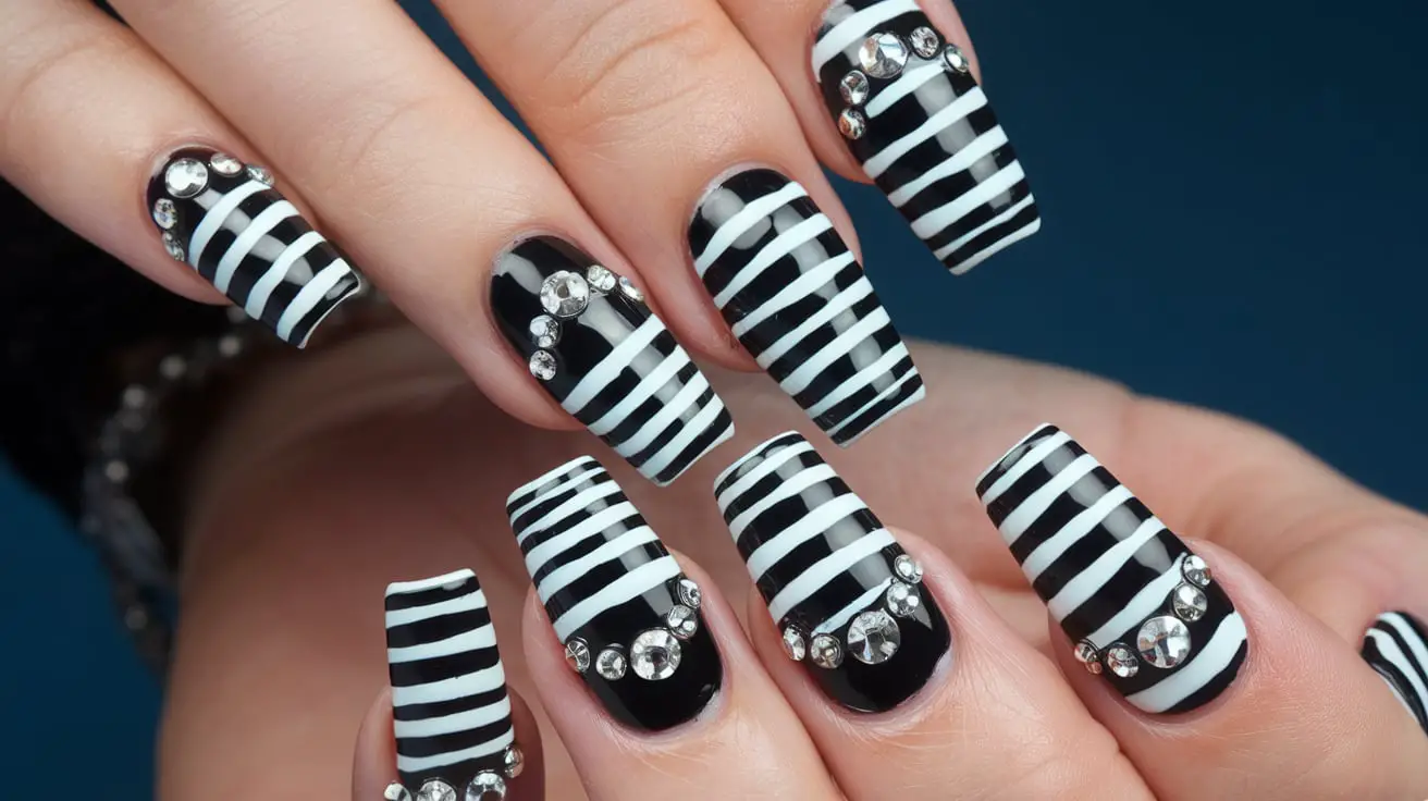 Black and White Nail Art on Long Nails