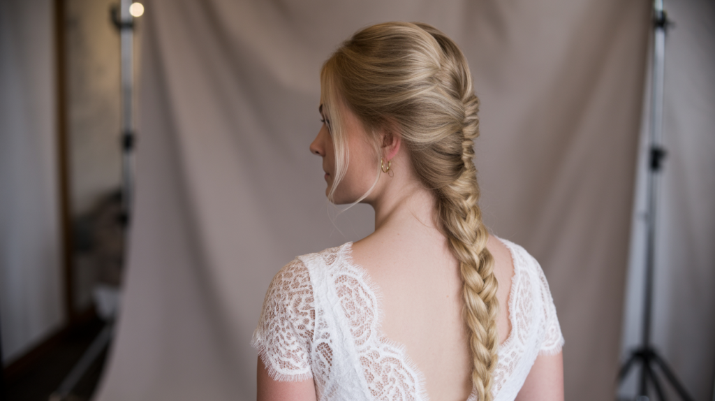 French Braid, wedding bride, back profile professional photo, photo studio blurred background