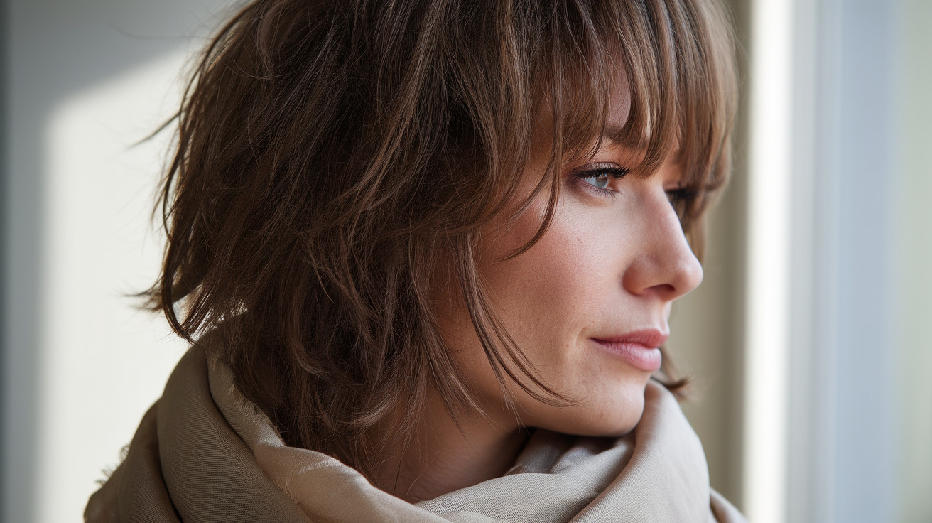 A side profile photo of a Polish woman with a shaggy medium haircut. She has brown hair and is wearing a beige scarf around her neck. The lighting is soft and natural.