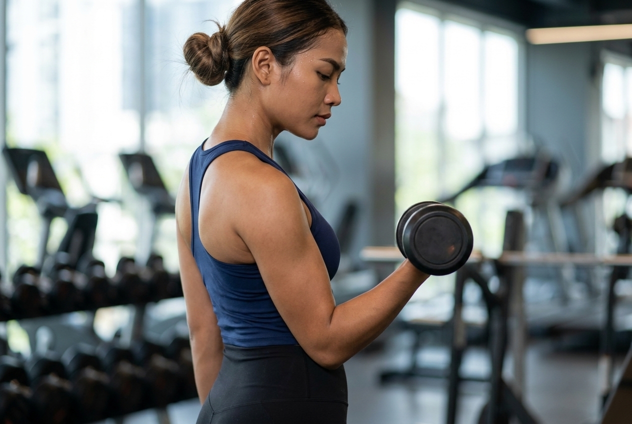 Cambodian woman doing a gym strength workout