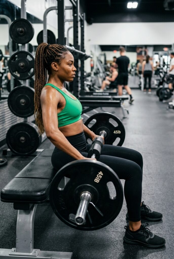 Cameroonian woman performing a barbell hip thrust at the gym