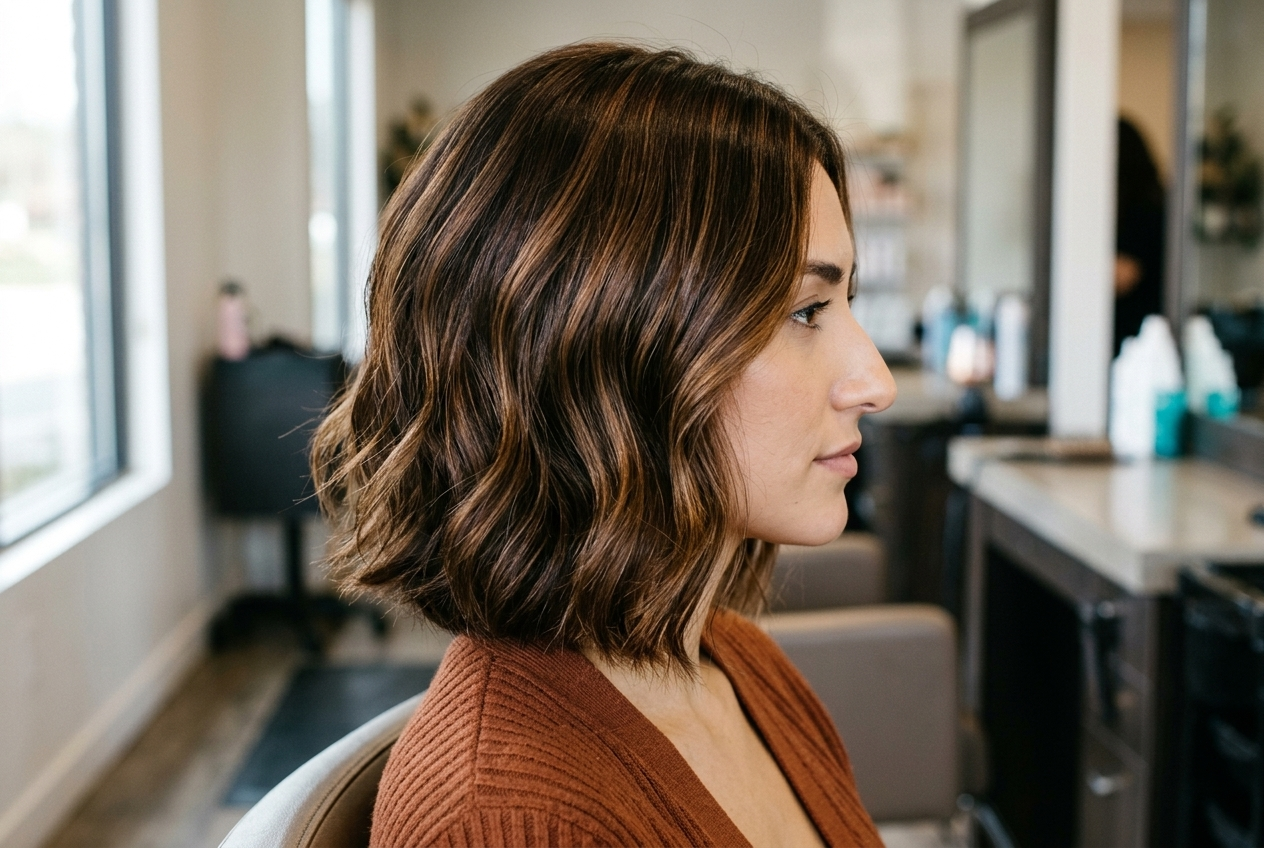 Woman with rich dimensional brown hair wearing a ribbed cardigan in a hair salon